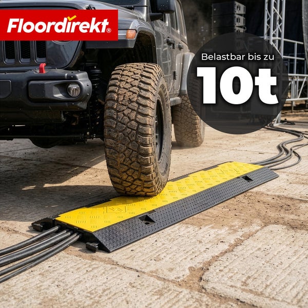 Floordirekt Logo. Schwarz-gelbe Kabelbrücke aus Gummi, überfahren von einem Geländewagen. Belastbar bis zu 10 Tonnen.