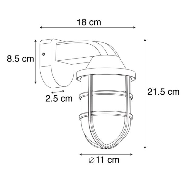 Technische Zeichnung einer Außenwandleuchte mit Maßen: Höhe 21,5 Zentimeter, Tiefe 18 Zentimeter, Durchmesser 11 Zentimeter.