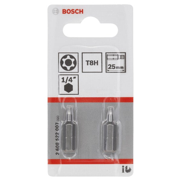 Bosch Logo. Verpackung mit zwei T8H Schrauberbits, 25 mm lang und 1/4 Zoll Aufnahme.