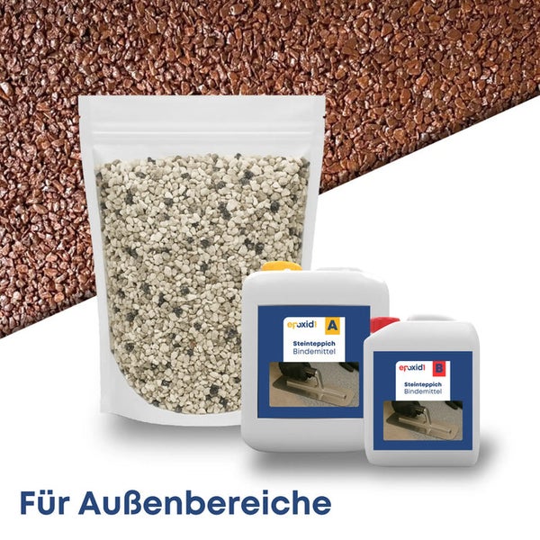 Steinteppich-Set für den Außenbereich bestehend aus einem Beutel Steine und zwei Kanistern Bindemittel.