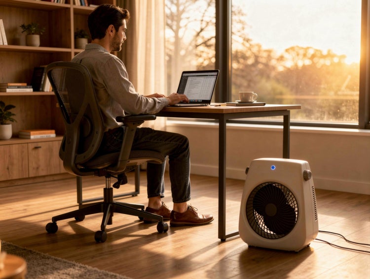 Szene eines Mannes, der an einem Schreibtisch sitzt und an einem Laptop arbeitet, mit einem Ventilator im Raum.