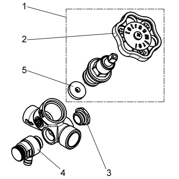 Technische Zeichnung einer Ventilbaugruppe mit nummerierten Ersatzteilen wie Handgriff, Ventiloberteil und Dichtung.
