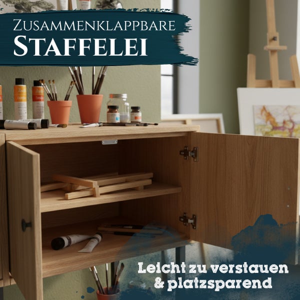 Zusammenklappbare Holzstaffelei platzsparend in einem Holzschrank verstaut, neben Malutensilien wie Pinseln und Farben.