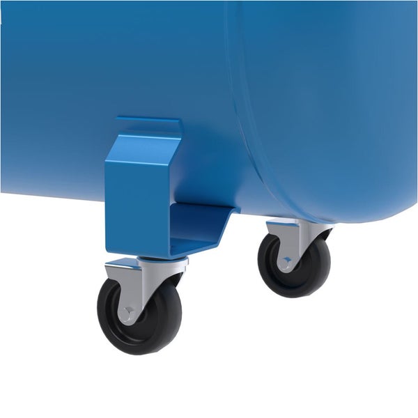 Detailaufnahme des Fahrgestells eines blauen Druckluftbehälters.