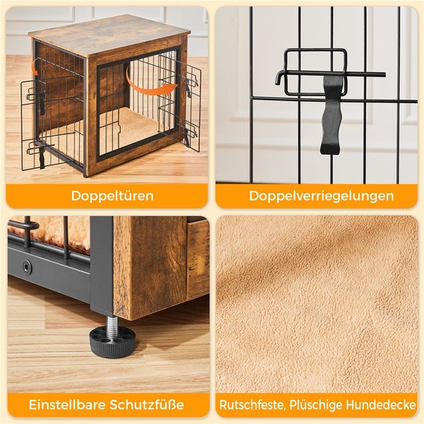 Detailansichten einer Hundebox mit Doppeltüren, Doppelverriegelungen, verstellbaren Schutzfüßen und einer rutschfesten, plüschigen Hundedecke.