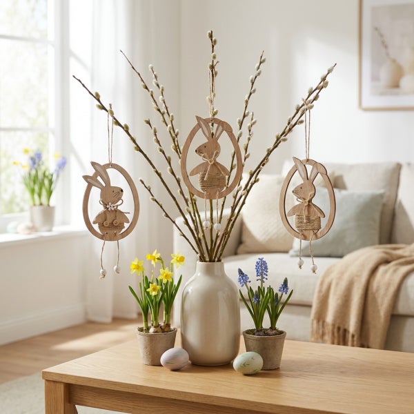 Osterdekoration mit hängenden Holzhasen an Weidenkätzchenzweigen in einer Vase, arrangiert auf einem Holztisch mit Narzissen und Traubenhyazinthen.