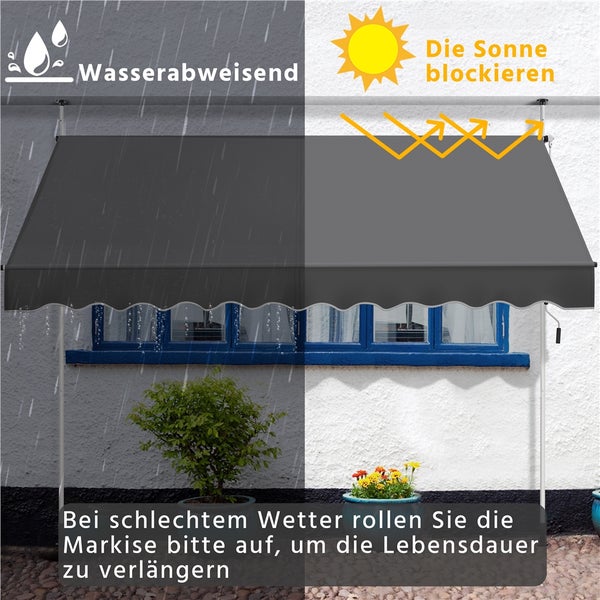 Klemmmarkise vor einem Fenster mit Symbolen für Wasserabweisung und Sonnenschutz.
