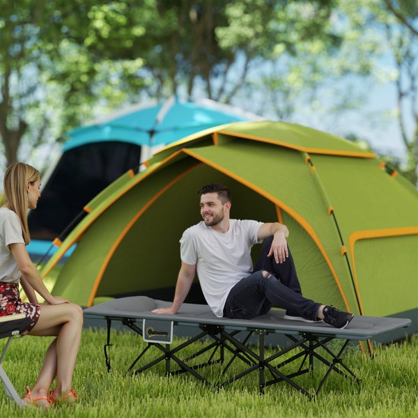 Outsunny Feldbett faltbar Campingbett mit Matratze Kopfkissen Seitentasche 187 x 67 x 37 cm Gästebett bis 150 kg Campingliege für Erwachsene Klappbett für Outdoor, Garten Camping Reisen Grau