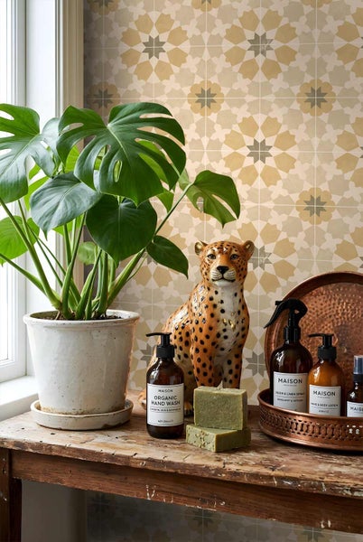 Vliestapete mit orientalischem Sternenmuster hinter einer Monstera-Pflanze und Badaccessoires auf einem rustikalen Holztisch.