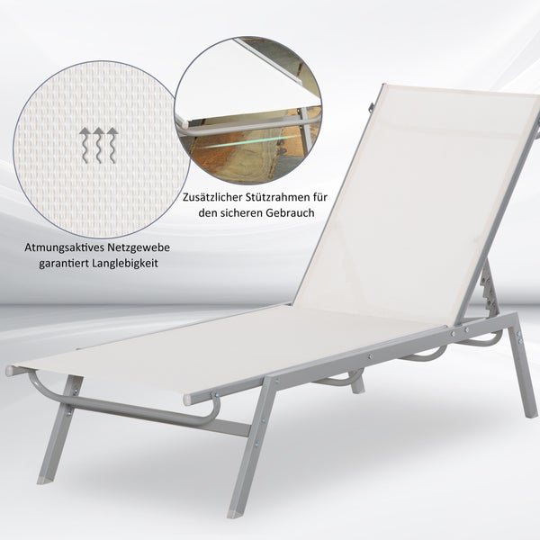Outsunny Garten-Sonnenliege Relaxliege mit 5-stufige Rückenlehne aus Metall Cremeweiß 170 x 58 x 97 cm