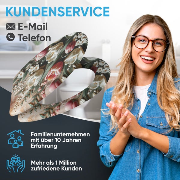 Kundenservice Informationen mit einem WC Sitz mit Blumenmuster und einer lächelnden Frau.