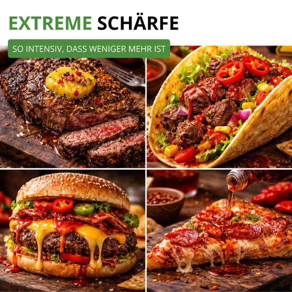 Collage mit Steak, Taco, Burger und Pizza, jeweils mit Chilis und scharfer Sauce zubereitet, um extreme Schärfe zu illustrieren.