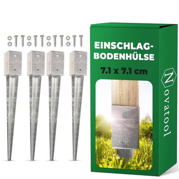 Vier Einschlagbodenhülsen aus verzinktem Stahl für Pfosten der Größe 7,1 mal 7,1 Zentimeter inklusive Schrauben, Unterlegscheiben und Novatool Logo.