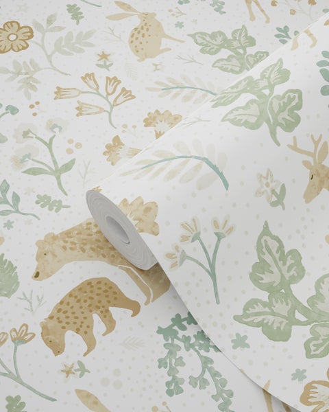 Tapete mit Bären, Hirschen, Hasen und Pflanzenmuster