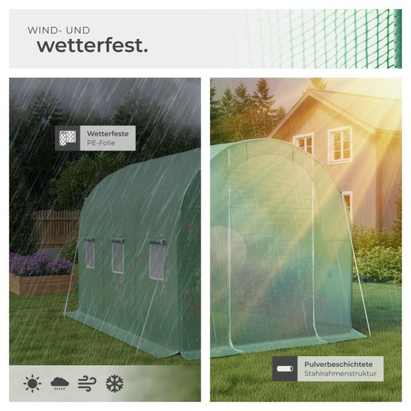 Gewächshaus mit wetterfester Folie und pulverbeschichteter Stahlrahmenstruktur im Garten.