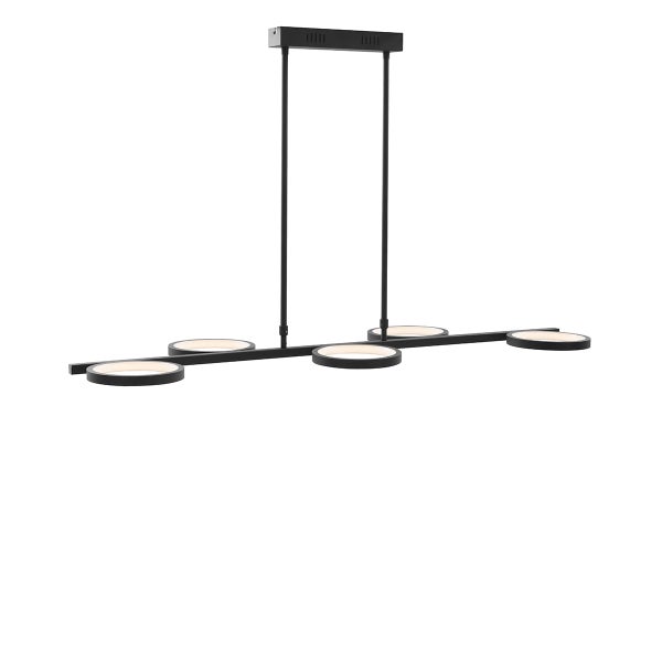 Moderne LED Pendelleuchte mit fünf runden Lichtelementen an einer horizontalen Stange, ideal für Esszimmertische.