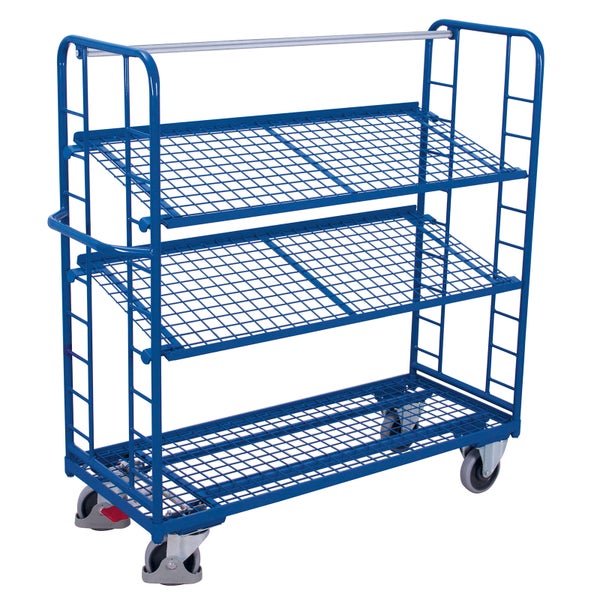 Blauer Kommissionierwagen aus Stahl mit drei Gitterböden und vier Lenkrollen.