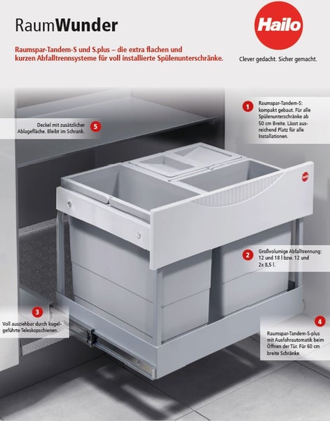 Hailo Raumspar Tandem S Abfalltrennsystem für Spülenunterschränke, mit Teleskopschienen und Deckel, automatische Ausfahrung beim Öffnen der Tür, geeignet für 60 Zentimeter breite Schränke, Hailo Logo