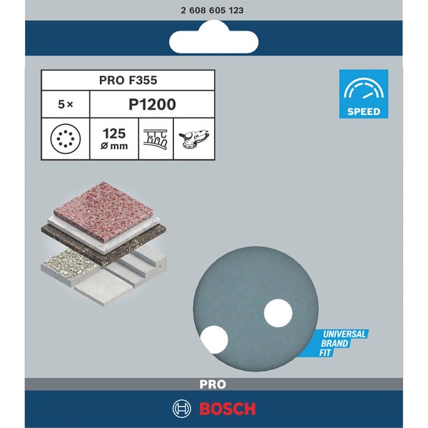 Bosch Schleifpapier Set Pro F355, Körnung P1200, Durchmesser 125 mm, 5 Stück