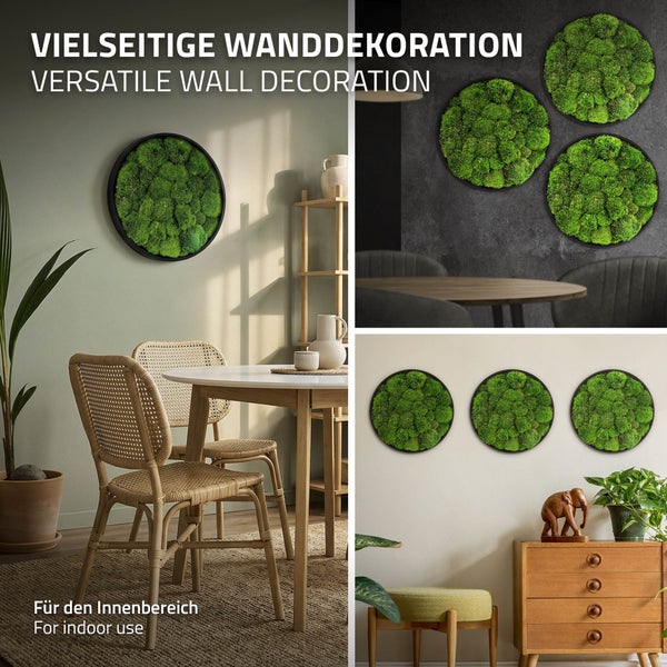 Runde Wandbilder mit echtem Moos in schwarzem Rahmen als vielseitige Wanddekoration für den Innenbereich in verschiedenen Wohnräumen.