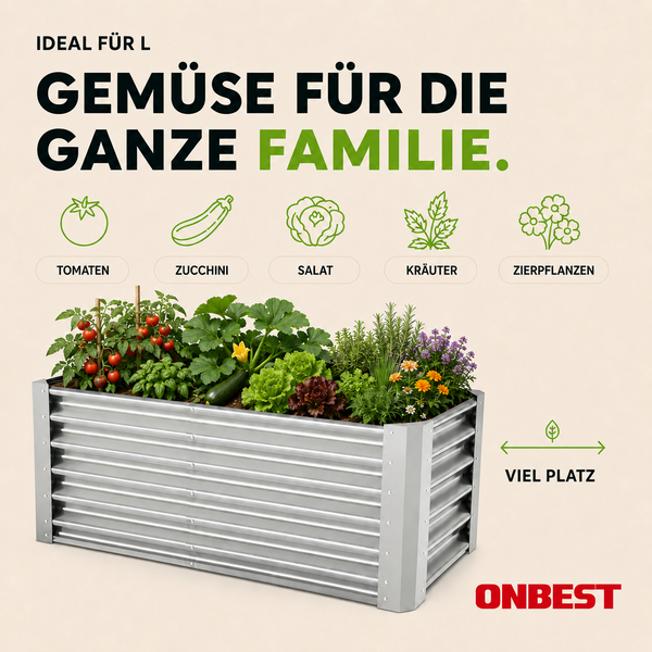 Hochbeet aus Metall mit Tomaten, Zucchini, Salat und Kräutern. Viel Platz für Gemüse für die ganze Familie. ONBEST Logo.