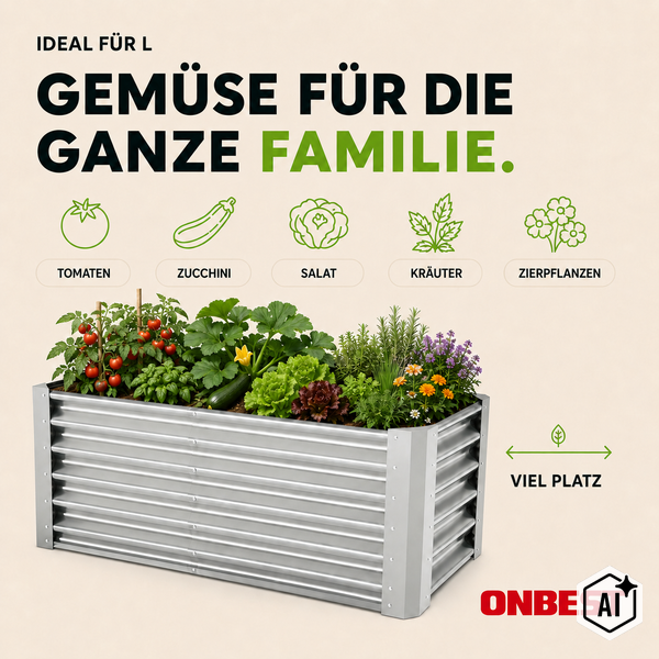 Hochbeet aus Metall mit Tomaten, Zucchini, Salat und Kräutern. Viel Platz für Gemüse für die ganze Familie. ONBEST Logo.