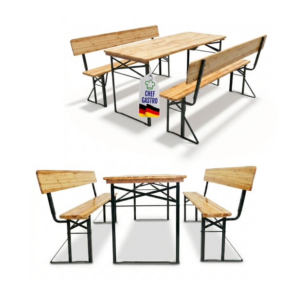 Festzeltgarnitur mit Tisch und zwei Bänken mit Rückenlehne aus Holz und schwarzem Metall. Chef Gastro Logo.