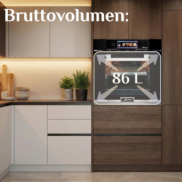 Einbau Backofen mit einem Bruttovolumen von 86 Litern in einer modernen Küche mit Holz und hellen Fronten inklusive Kaiser Logo