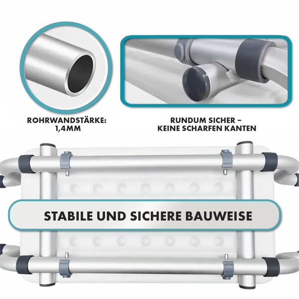 Detailaufnahme eines Duschhockers mit Informationen zur Rohrwandsärke von 1,4 mm und Hinweis auf die Bauweise ohne scharfe Kanten.