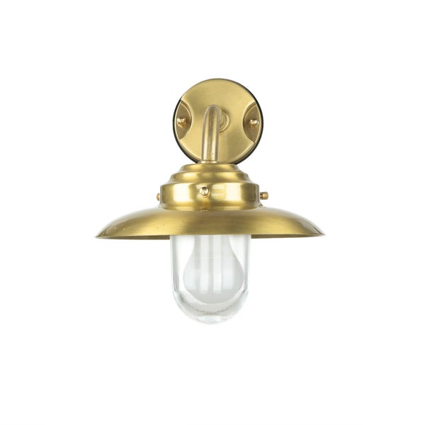 Messingfarbene Wandleuchte mit transparentem Glasschirm