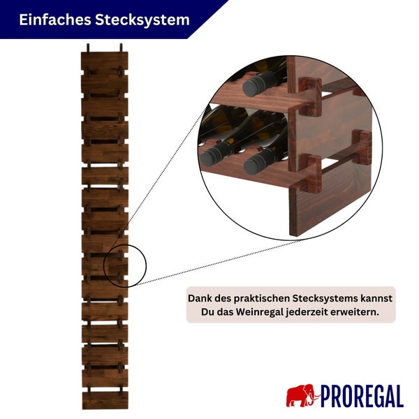 Detailansicht des einfachen Stecksystems eines modularen Weinregals aus Holz von Proregal.
