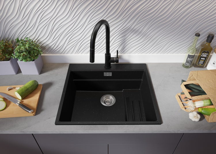 PRIMAGRAN Spülbecken Schwarz Metallic 58x53cm, Granitspüle 1 Becken + Ablauf-Set + Küchenzubehörset, Küchenspüle ab 60er Unterschrank - Oslo Max