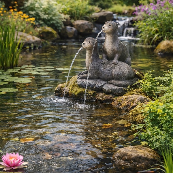 Wasserspiel mit zwei Ottern in einem bepflanzten Gartenteich. Wasser fließt aus den Mündern der Figuren in das Teichwasser.