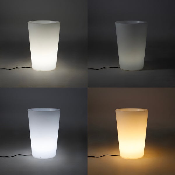 Konischer LED Pflanzkübel mit vier verschiedenen Lichteinstellungen von Kaltweiß bis Warmweiß.