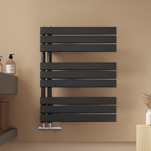 EMKE Badheizkörper Flach Design Heizkörper 762x600 mm, Handtuchtrockner und Handtuchwärmer für Badezimmer, mit Seitenanschluss, für Warmwasser/Zentralheizung, Schwarz, 479 W
