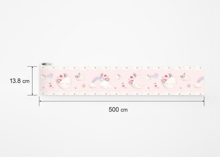 Bordüre für das Kinderzimmer mit Motiven von Mond, Regenbogen, Wolken und Blumen. Maße: 13,8 Zentimeter mal 500 Zentimeter.