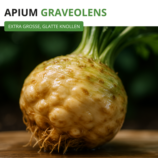 Knollensellerie Apium graveolens mit extra großen, glatten Knollen, Stielen und Wurzeln.