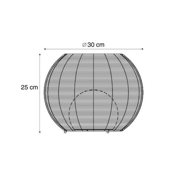 Technische Zeichnung eines kugelförmigen Drahtkorbes mit einem Durchmesser von 30 Zentimetern und einer Höhe von 25 Zentimetern.