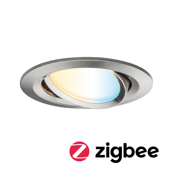 Schwenkbare LED-Einbauleuchte aus gebürstetem Metall mit einstellbarer Farbtemperatur von Warmweiß bis Kaltweiß und Zigbee Logo.