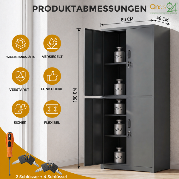 Ondis24 Metallschrank 180 x 80 x 40 Zentimeter, 2 Schlösser, verstärkt, 50 Kilogramm Traglast je Boden, inklusive 4 Schlüsseln, Ondis24 Logo.