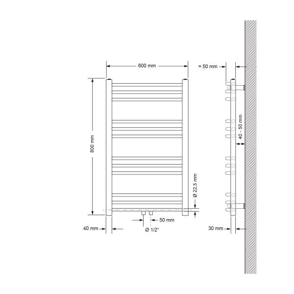 Abmessungen eines Heizkörpers mit Handtuchhalter, 800 x 600 Millimeter