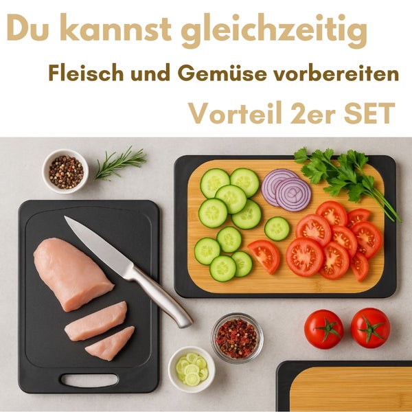 Zwei Schneidebretter zum gleichzeitigen Zubereiten von Fleisch und Gemüse.