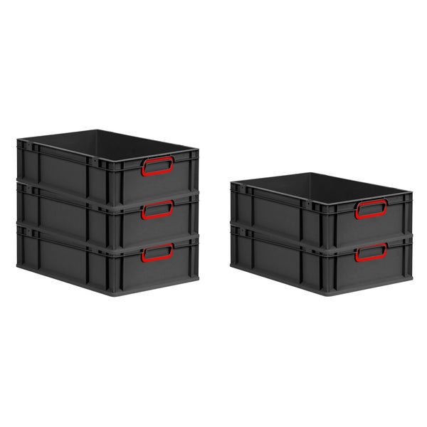 PROREGAL SuperSparSet 5x Eurobox NextGen Color, HxBxT 17x40x60cm, 34 Liter, Griffe rot geschlossen, Schwarz, Eurobehälter, Transportbox, Transportbehälter, Stapelbehälter