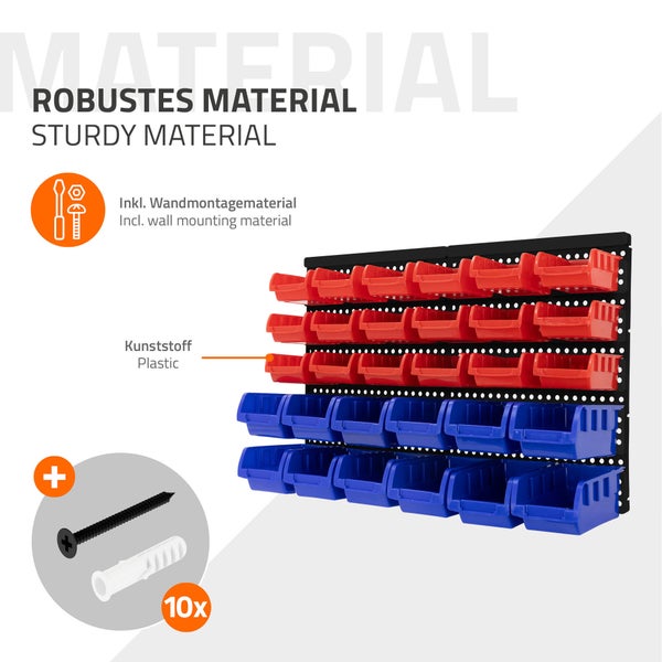 ECD Germany Wandregal mit Stapelboxen 30-tlg Blau-Rot, 18 kleine/12 große Schütten mit Etikettenfach, Werkstattregal erweiterbar Kleinteilemagazin Lagersystem Lagerregal Schüttenregal Sichtlagerkästen