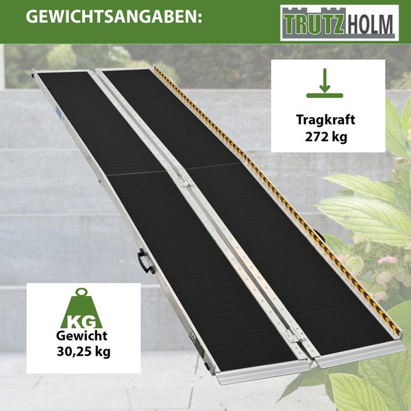 Faltbare Rollstuhlrampe von Trutzholm aus Aluminium mit einer Tragkraft von 272 Kilogramm und einem Eigengewicht von 30,25 Kilogramm.