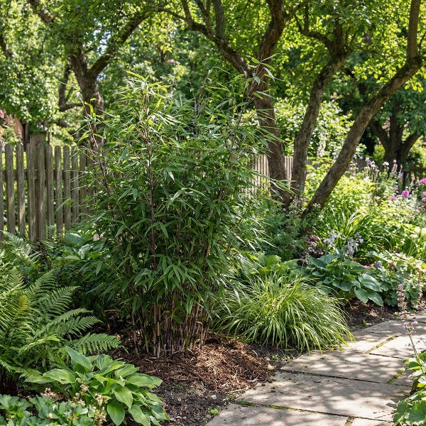 Bambus Fargesia mit dunklen Halmen in einem gruenen Garten neben Farnen und einem Steinweg vor einem Holzzaun.