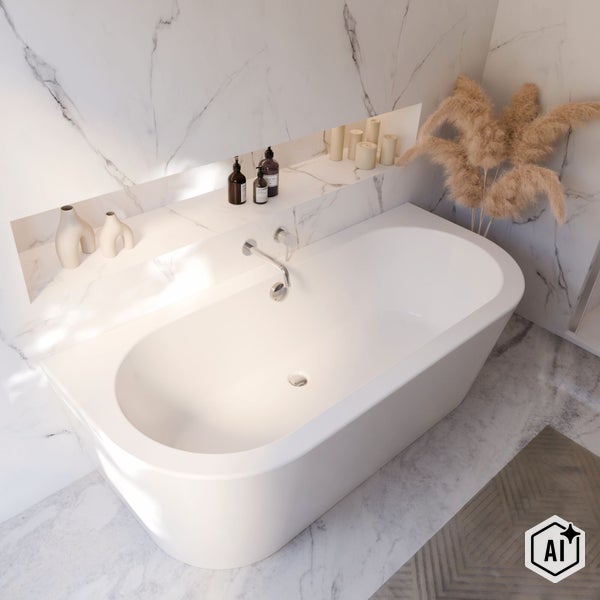 Freistehende Badewanne in modernem Badezimmer mit Marmorfliesen, Wandnische für Dekoration und Armaturen aus Edelstahl.