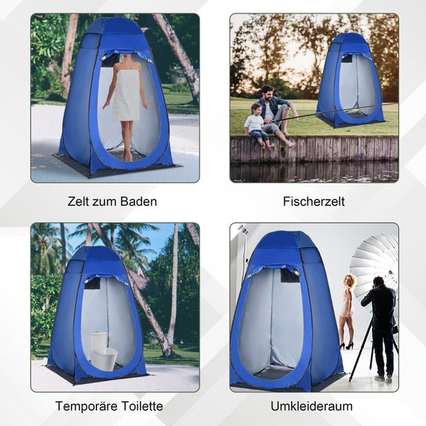 Blaues Pop-up-Zelt für verschiedene Einsatzzwecke wie Duschen, Angeln, mobile Toilette oder Umkleidekabine im Freien und Studio.