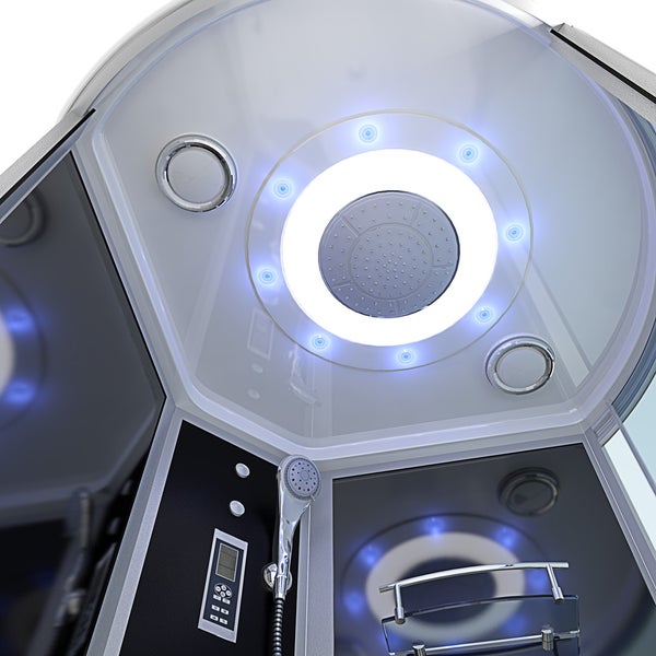 Decke einer Duschkabine mit Regendusche, integrierter LED-Beleuchtung, Lautsprechern und digitalem Bedienfeld.