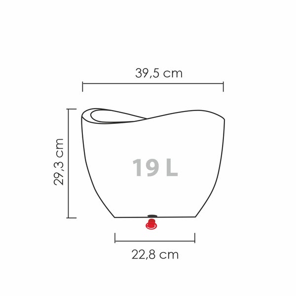 Strichzeichnung eines Pflanzgefäßes mit Maßangaben von 39,5 cm Breite, 29,3 cm Höhe, 22,8 cm Bodenbreite und 19 Liter Volumen.